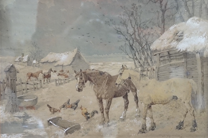 After J. F. Herring (1815-1907), watercolour on paper, winter farmyard scene, 20.5 x 30cm. Condition - fair